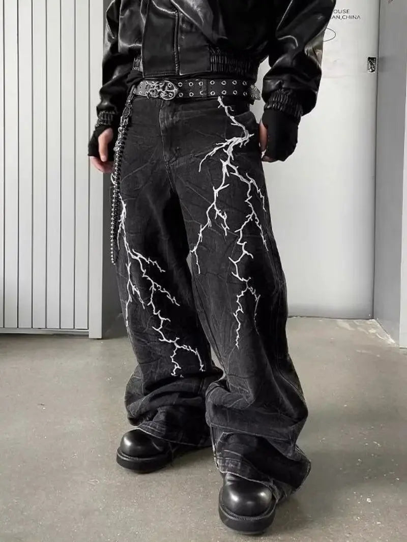 Retro Street Design Thorn Embroidery Niche Versatile Loose Straight Jeans 's Casual Pants (Button Holes Not Opened At Waist)