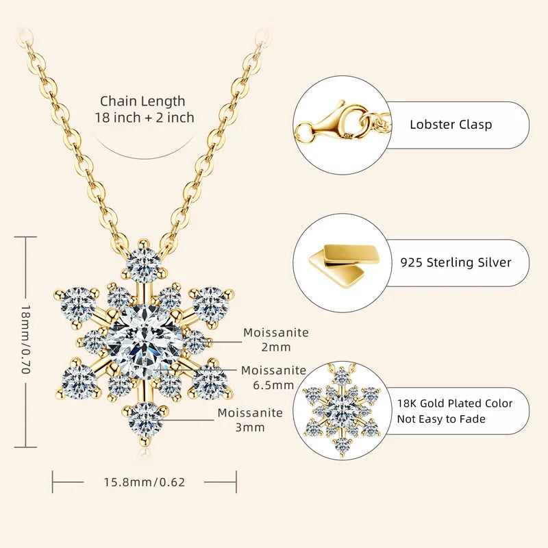 Round Cut Moissanite Snowflake Pendant Necklaces for Women Solid 925 Sterling Silver Chains Wedding Jewelry Gift Collar