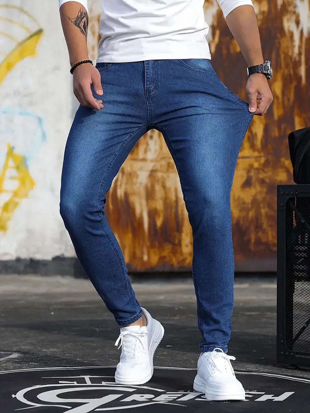 Men's Jeans Ripped Stretch cotton Black Blue Slim Pencil Pants