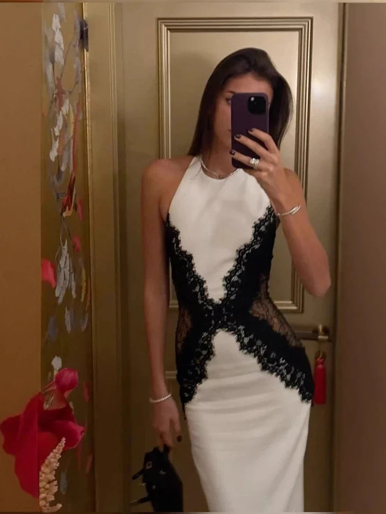 Lace Cut Out Slim Backless Dress Women Elegant Halter Sleeveless Party Dresses Fashion Female Vestiods for Summer New 2026