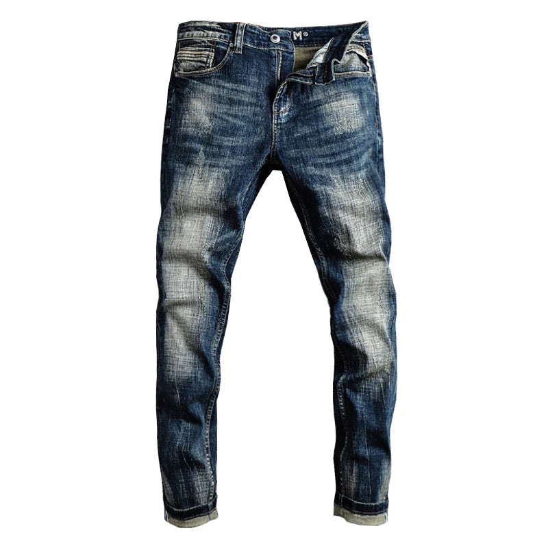 Men Jeans Retro Black Blue Elastic Slim Fit Ripped Jeans Men