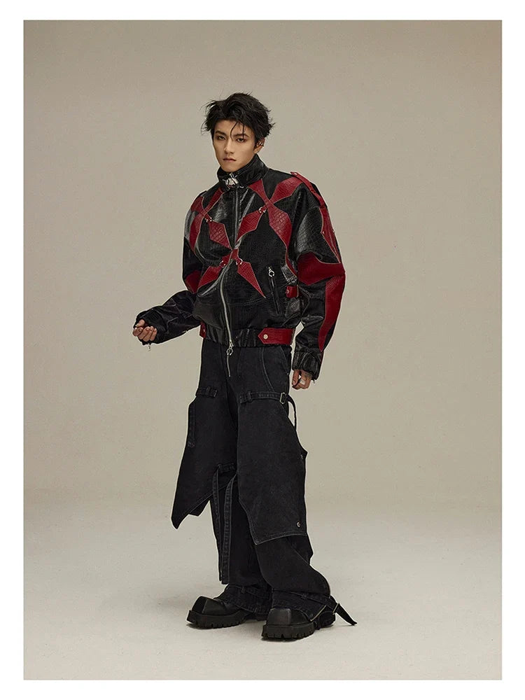 Spring Autumn Cool Handsome Crocodile Print Patchwork Pu Leather Jacket Men Color Block Luxury Designer Clothes 2024
