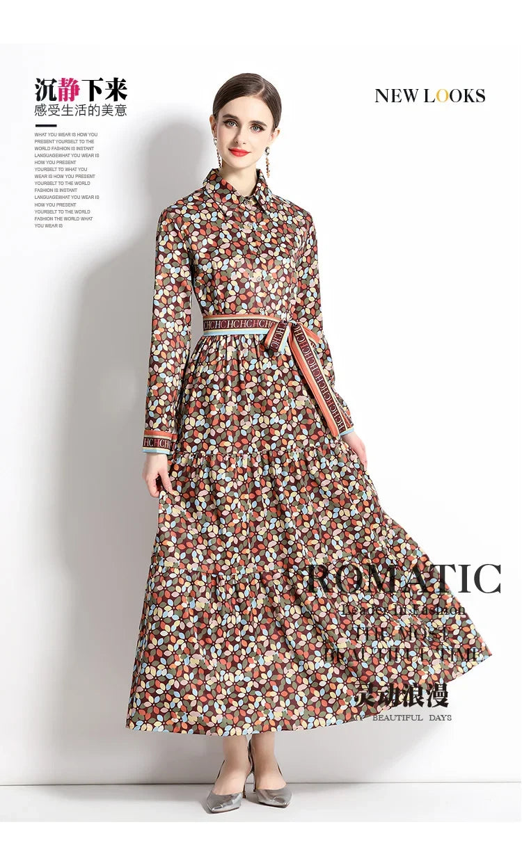 2024 Autumn New Women's European and American Versatile Waist and Slimming Letter Positioning Printed Dress A-line Long Dress