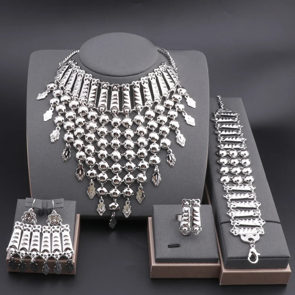 New Tassels Silver Plated Necklace Earrings Bracelet Ring Set for Women Bridal Chains Ethinc Wedding Jewelry Bride Gifts