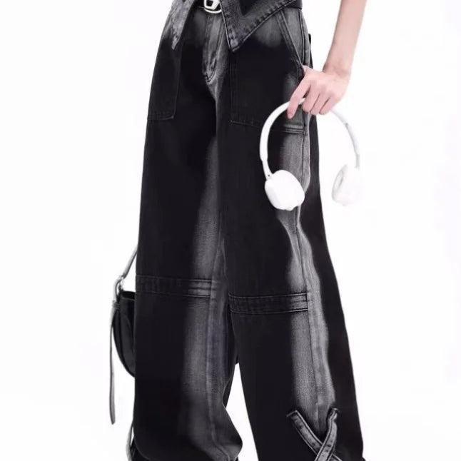American Style Color Block Spicy Girl Wide Leg Jeans