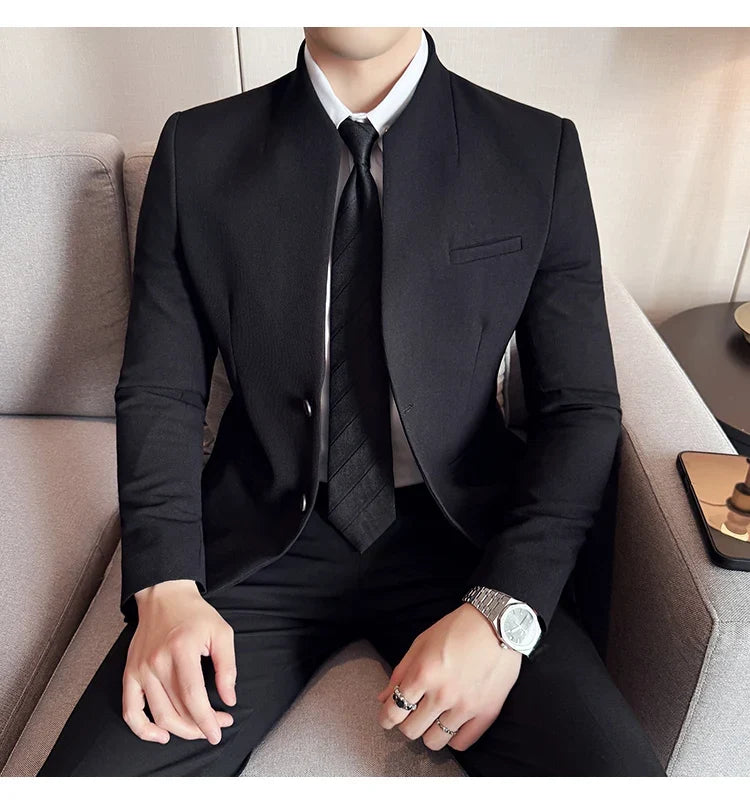 Waffle New Chinese Stand-Up Collar Suit Coats Men Slim Fit Business Casual Fashion Suits Jacket Formal Social Prom Party Tuxedos