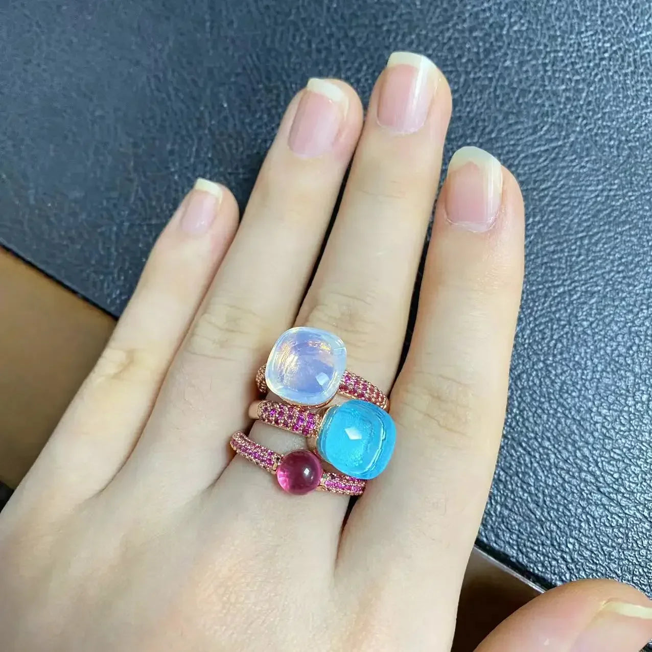 3Pcs/Set Nudo Ring Stacking Set for Women Mix Color Candy Crystal Inlay Zircon Amethyst Blue Topaz Round Jewelry Gift