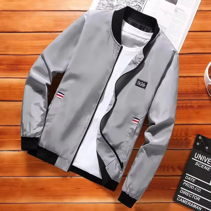 Men's Casual Long Sleeve Zipper Baseball Collar Bomber Jacket, Chic And Trendy Regular Fit Windbreaker Jacket For Spring