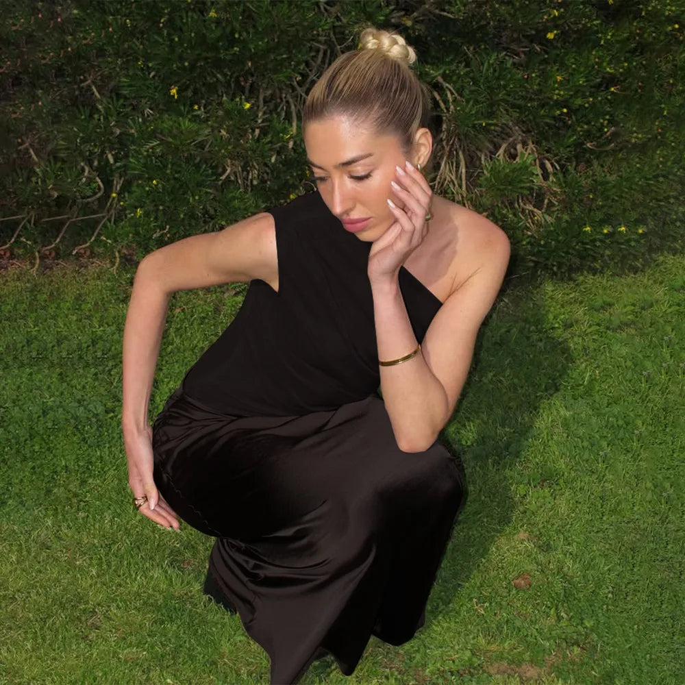 Patchwork Satin Sexy Dress Women One Shoulder Brown Sleeveless Evening Maxi Dress 2025 New Summer Elegant Party Clubwear Dresses
