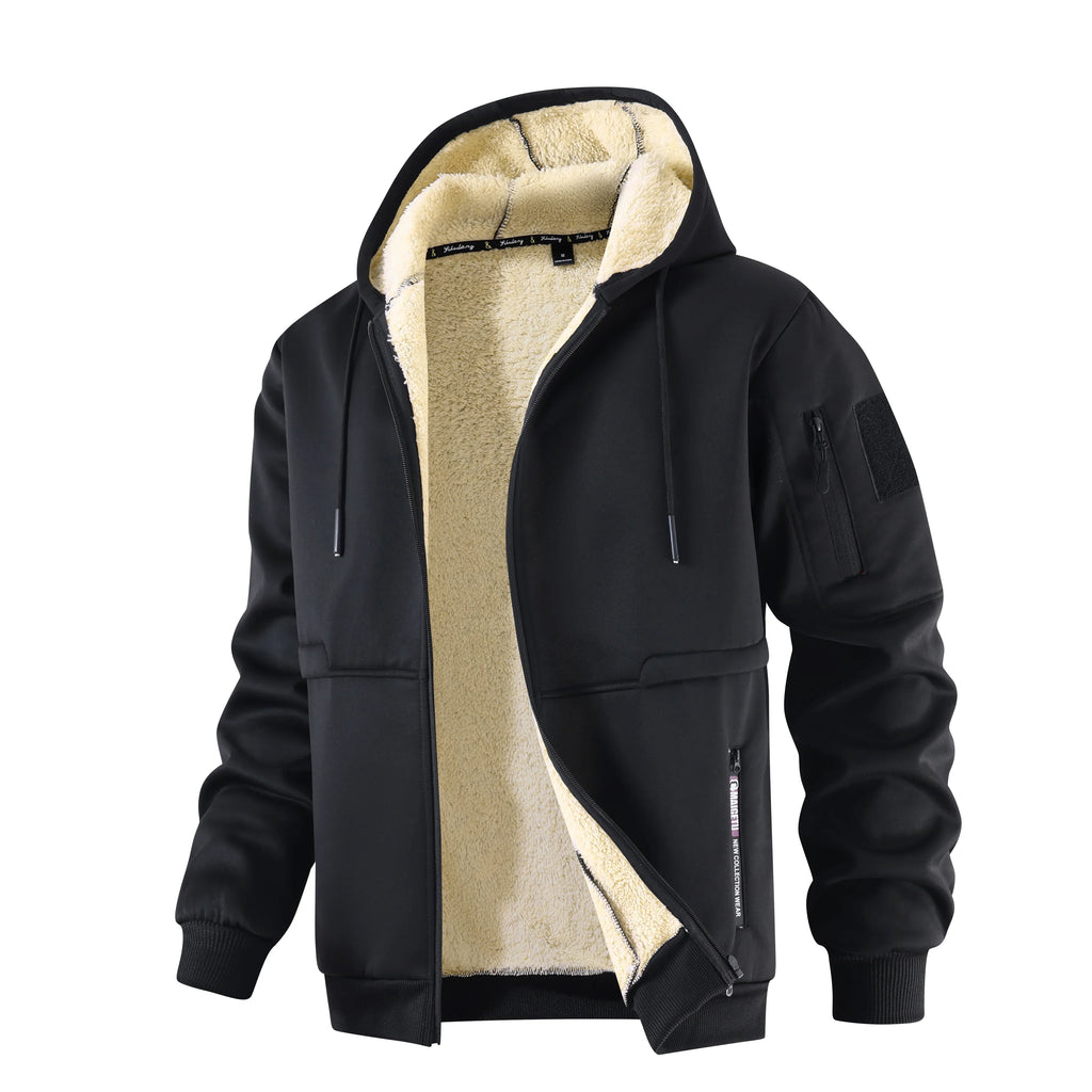Men's Casual Thickened Wool Jacket Warm Zipper Hoodies Cardigan Sports Long Sleeve Sweatshirts Hooded Coat