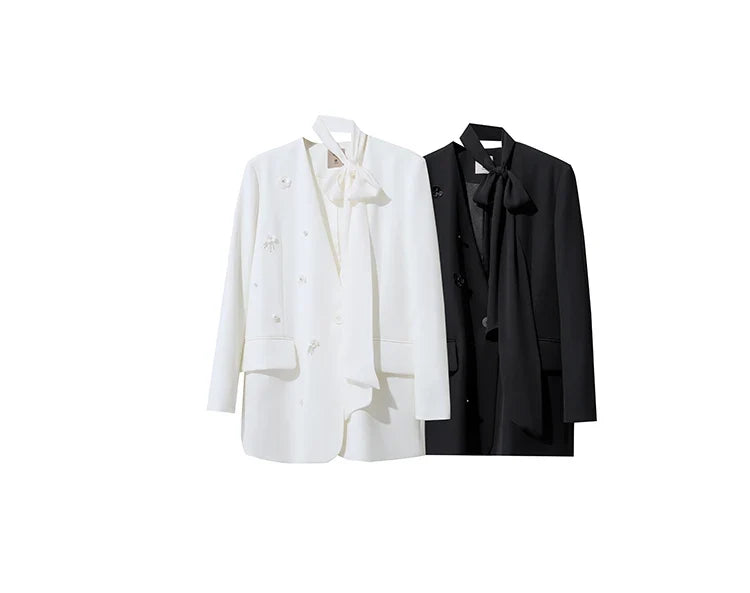 Amii Women's Jacket 2026 Autumn New Elegant Commuter Beaded Flower Chiffon Streamer Tie Blazers Solid Loose V-Neck Top 12641078