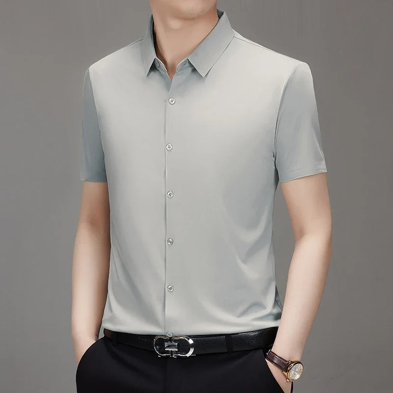 Men's Ultra Stretch Short Sleeve Shirt Business Casual  Breathable Stretchable Abrasion-Resistant Solid Color Short Sleeve Shirt