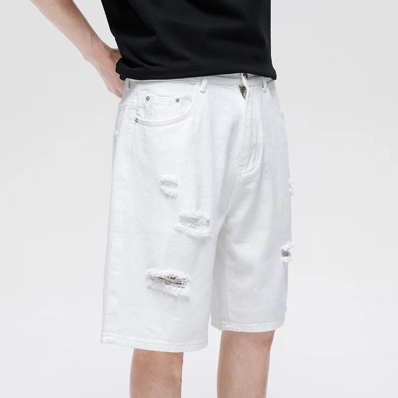 Summer New White Casual Men's Denim Shorts Ripped Fashion Loose Straight Street Bermuda Jeans Male Hole Short Pants