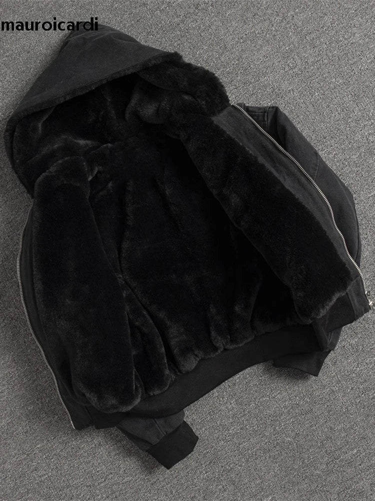 جاكيت مبطن من Mauroicardi لخريف وشتاء سميك دافئ كبير الحجم من الكانفاس المغسول ببطانة من الفرو الصناعي وبقلنسوة فضفاضة كاجوال