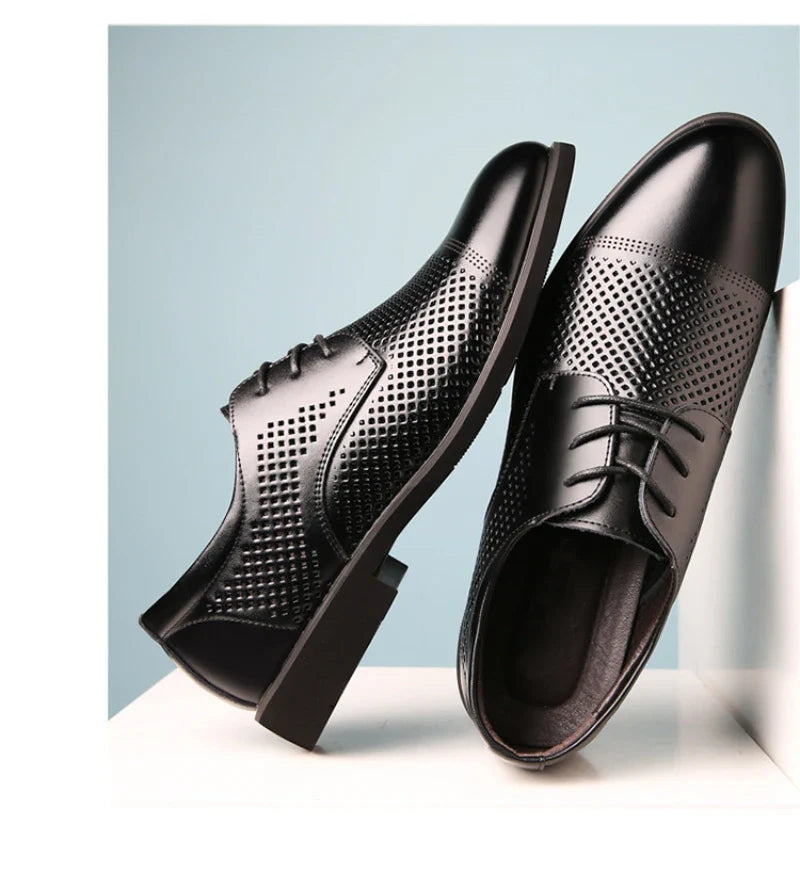 Mens Black Genuine Leather Perforated Cap Toe Lace Up Formal Business Oxford Shoes Breathable Summer Office Casual Dress Shoes