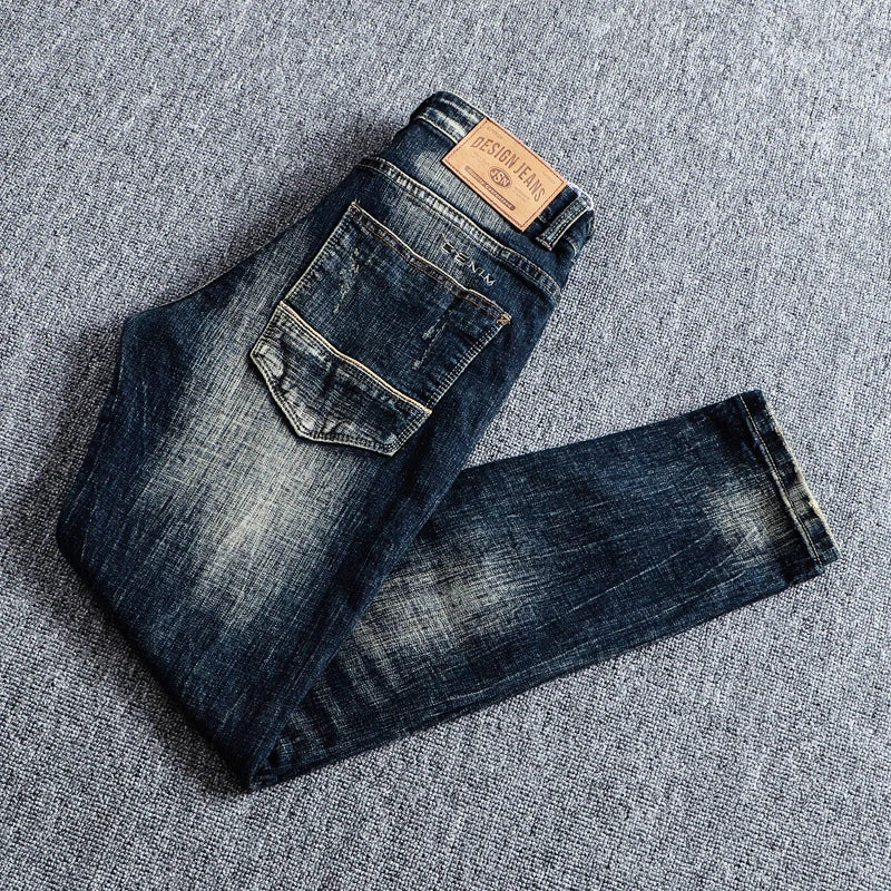 Men Jeans Retro Black Blue Elastic Slim Fit Ripped Jeans Men