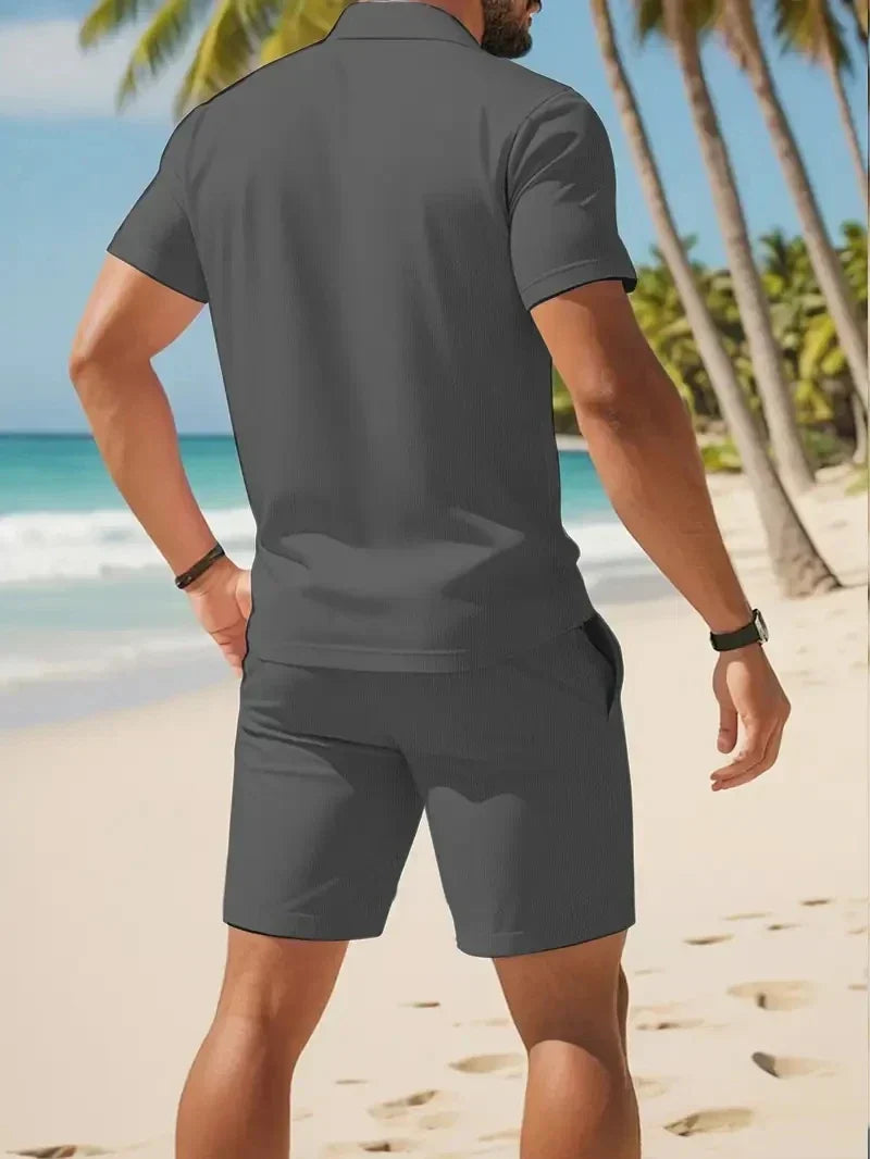 Summer Casual Versatile Fashion Short-Sleeved Button-Down Polo Shirt And Breathable Mesh Shorts Set for Men Plus Size