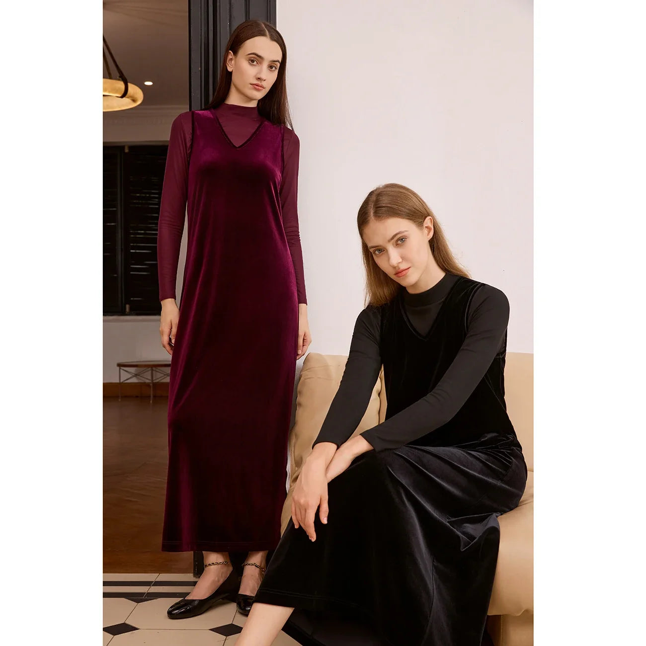 Women 2026 Autumn and Winter Modal Mesh Shirt and V Neck Velvet Maxi Dress High Quality