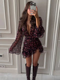 Women Sexy Flora Painted Ruffle Mini Dress Chic Lady Full Sleeve Deep V-neck Slim A-line Dresses 2026 Night Club Street Gowns