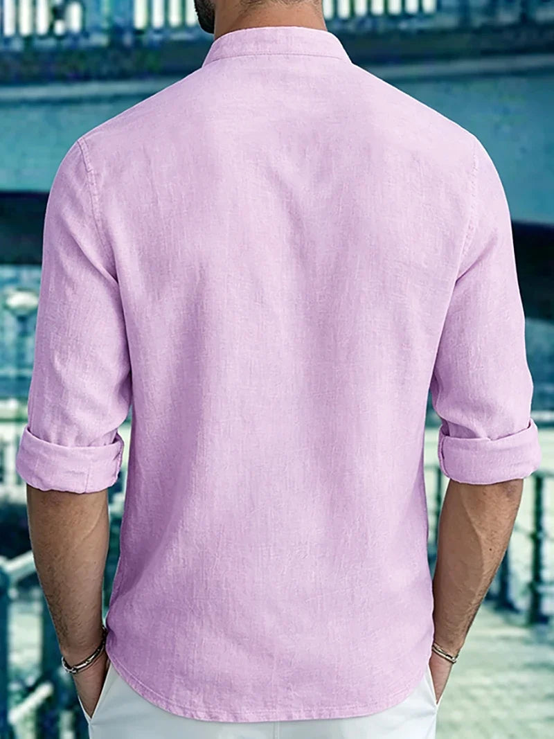 Men Mandarin Collar Long Sleeve Henley Cotton Linen Shirt With Chest Pocket Breathable Lightweight Beach Travel Daily Casual Top