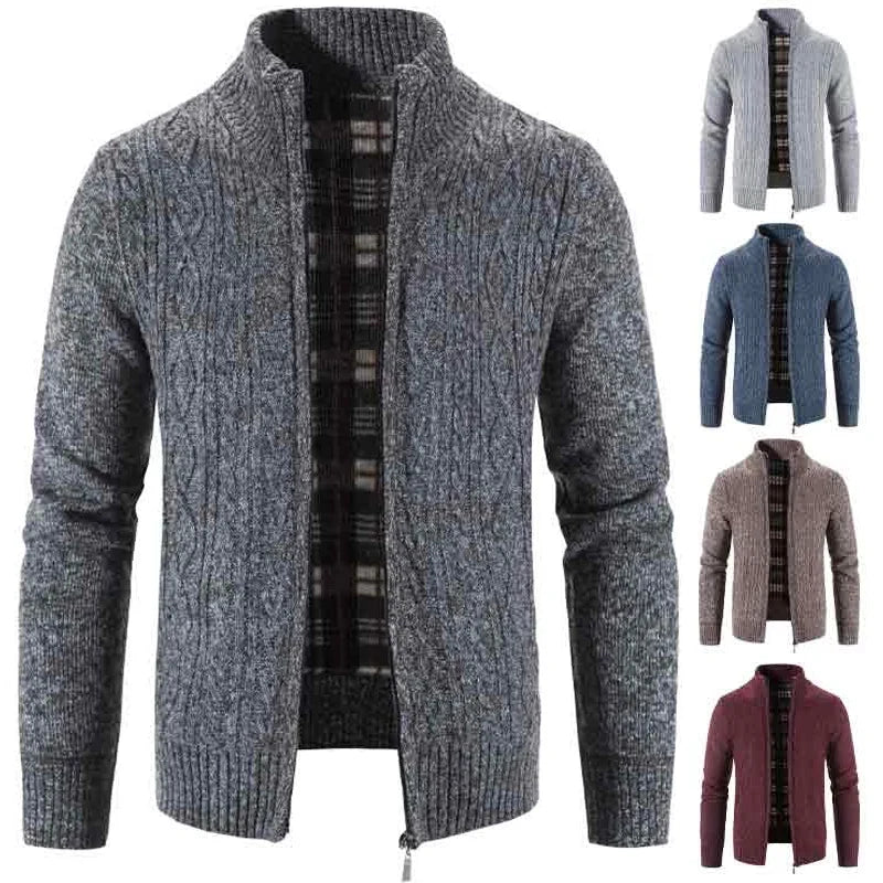Winter Autumn New Sweater Knit Cable Cardigan Men Business Casual Jacket Zipper Up Solid Color Turn-down Coat Fleece Clothes