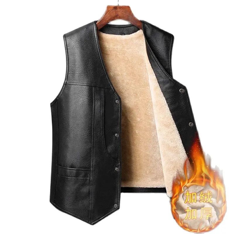2024 Winter Men Thick Warm Fleece Leather Vest Coat  Male V-Neck Single Breasted Vest Casual Male Clothing Outerwear
