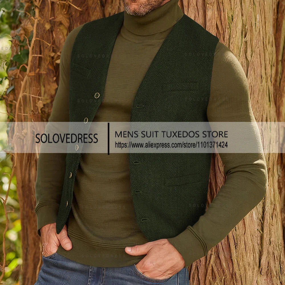 V Neck Slim Fit  Herringbone Men's Vest Single Breasted Men's Waistcoat For Wedding Groomsemen