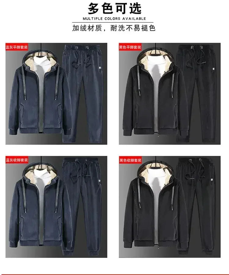 Men Sports Suits Tracksuit Sets Hoodies Casual Hooded Warm Sweatshirts+Pants Thicker Fleece New Jacket+Pants 2 Pieces Velvet Set