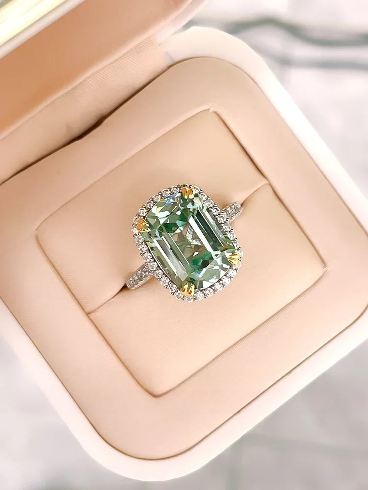 Luxurious light green tourmaline 925 sterling silver ring set with high carbon diamond temperament niche and versatile for women