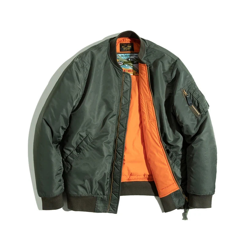 Vintage MA1 Pilot Jacket Green Thickened Cotton-padded Jacket Casual Baseball Pockets Flight Zipper Outwear for Men's Fall