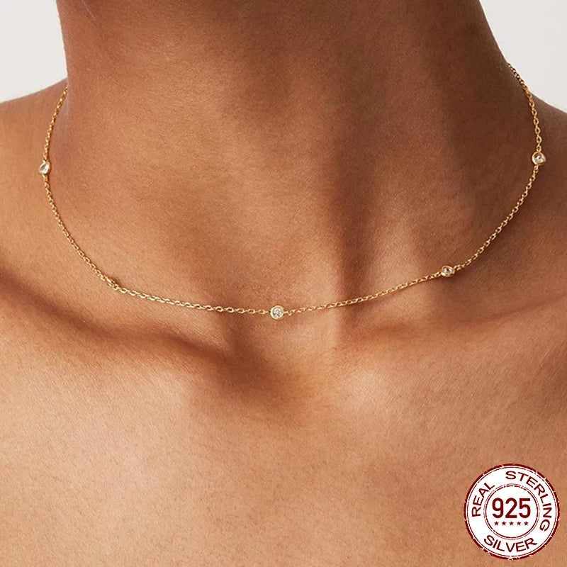 925 Sterling Silver Moissanite Layering Necklace, Gold Plated Adjustable Link Chain Necklace for Women Station Necklace