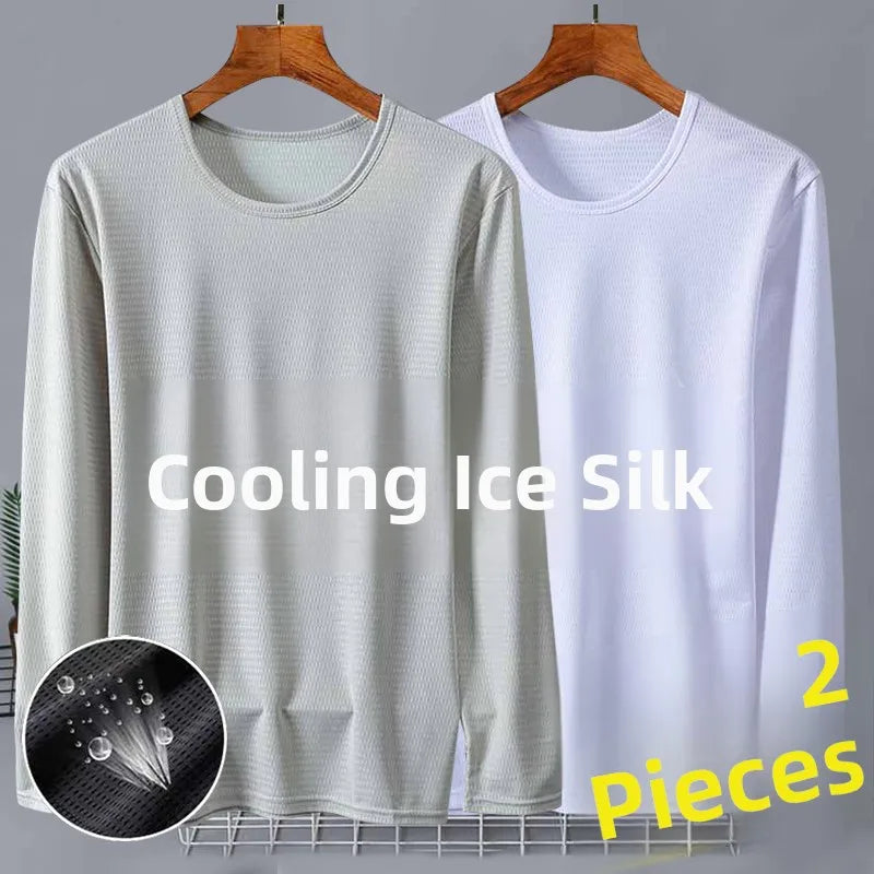 New 2025 Men's Ice Silk Breathable Sun Protection Hollow out Thin Long Sleeve Casual Sports T-Shirt Large Size Loose Fit