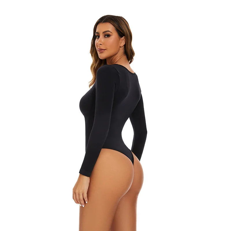 GUUDIA Open Crotch Big U Neck Seamless Bodysuit Long Sleeve Spandex Elastic Body Suit Shapewear Tummy Control Waist Shapers