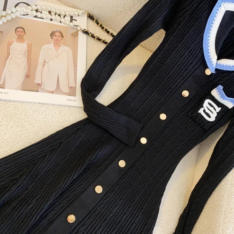 Elegant Embroidery Letter Knitted Maxi Dress Autumn Winter Brand Fashion Lady Notched Black Sweater Dress Office Robes