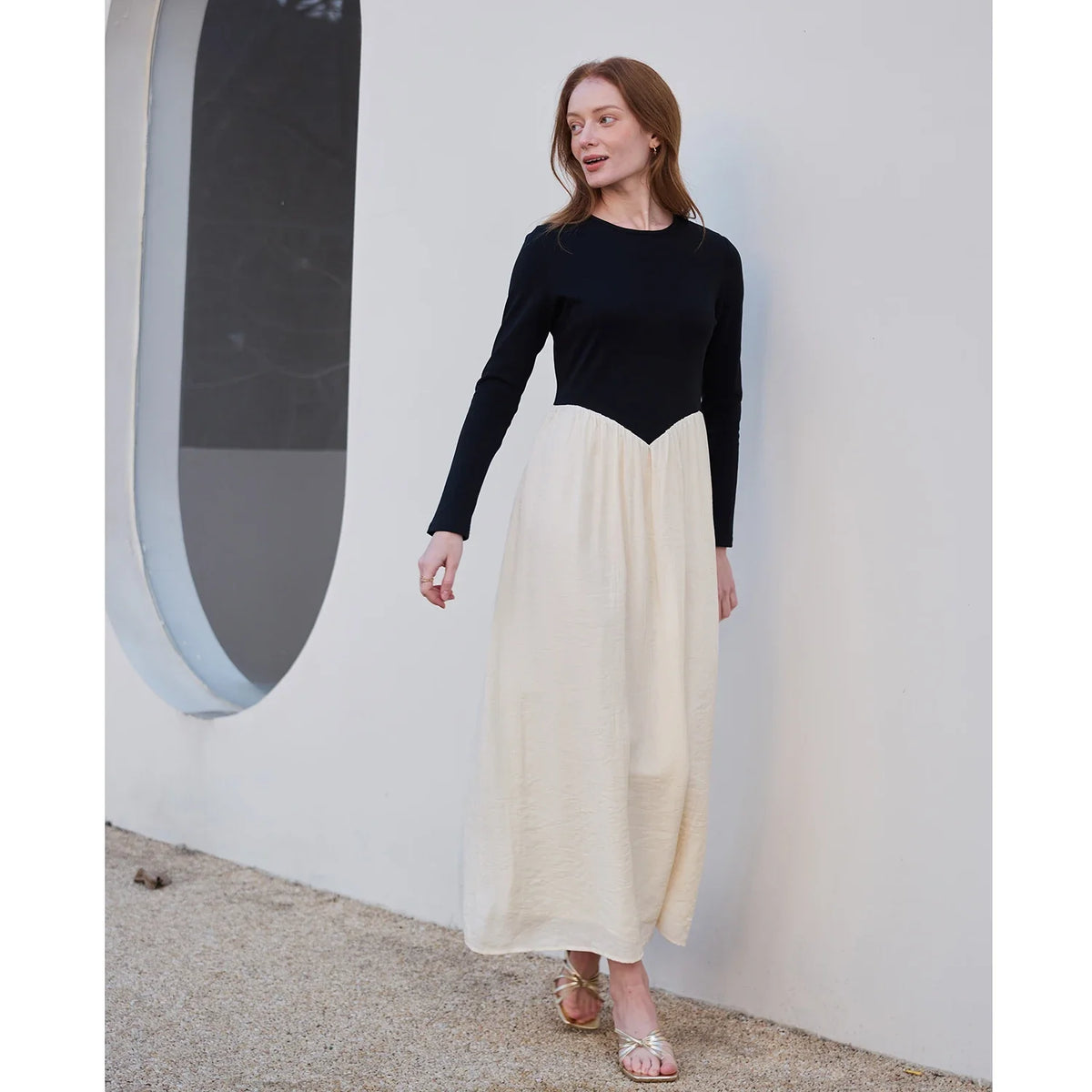 SS2026 Women Crinkle Dress Jersey Top Black Patchwork Apricot Elegant Lady Maxi Dress