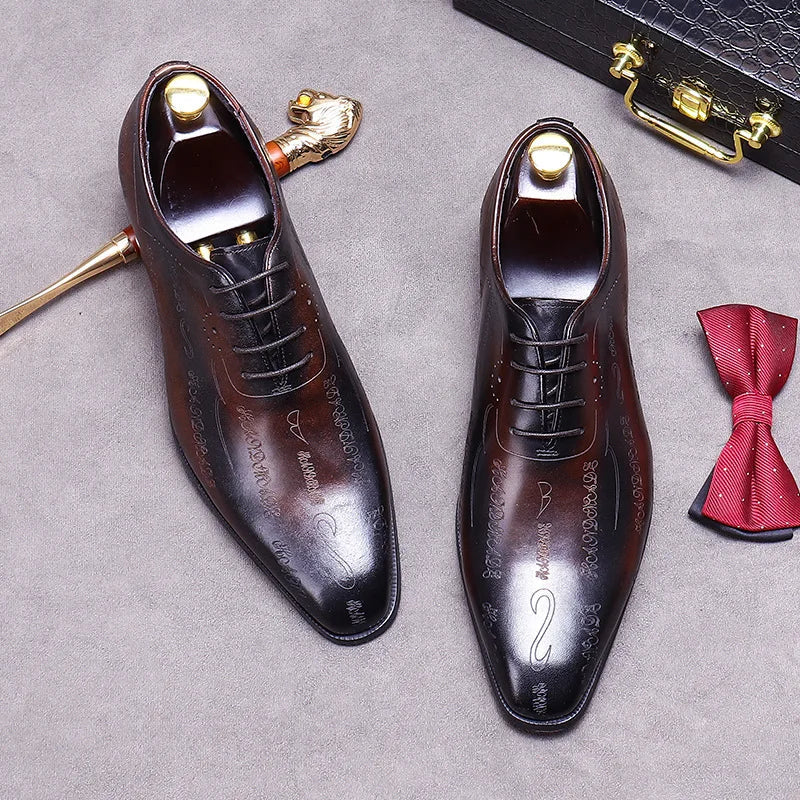Men's Business Dress Leather Shoes Genuine Leather Shoes Full Cowhide British Laser Engraving Pattern Men's Wedding Shoes 37-46