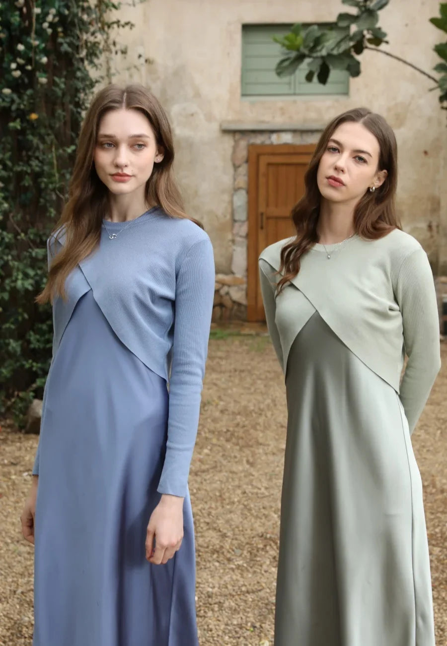 2025 spring summer elegance satin dress + knitted top match set maxi floor length woman clothes