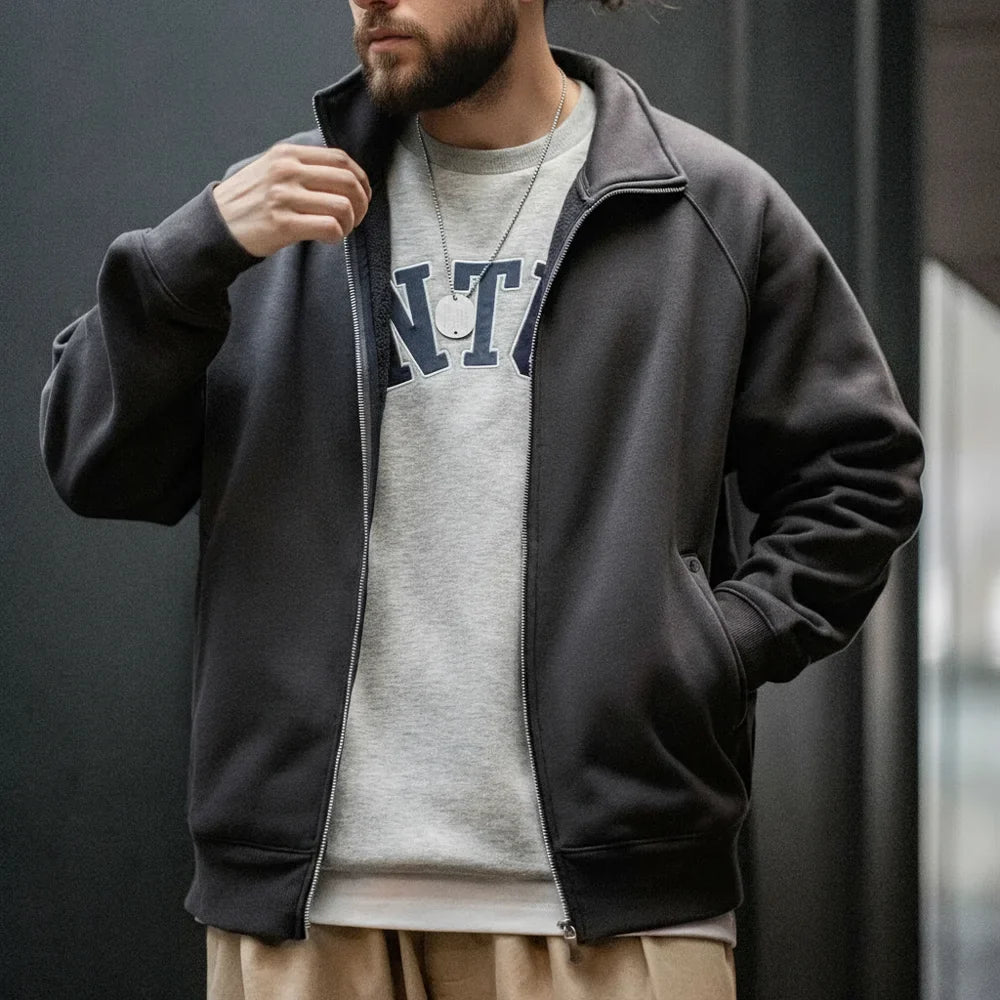 Casual Polar Fleece Cardigan Sweatshirt Stand-up Collar Sports Zipper Jacket Warm Versatile Coat for Men's Fall and Winter