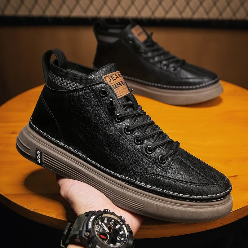 high-top casual leather boots