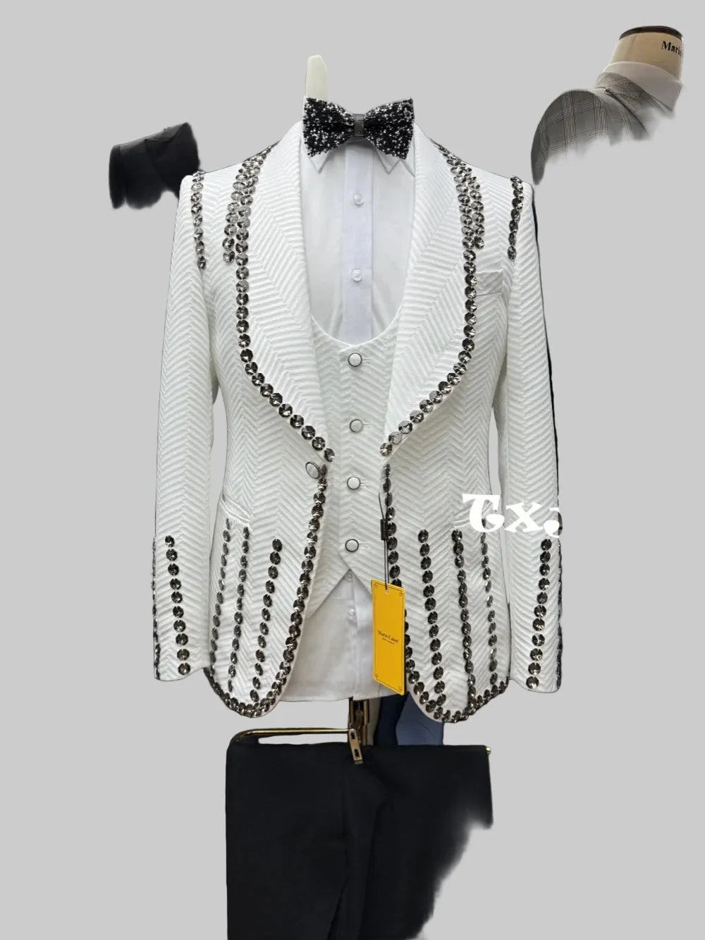 Jacquard Men's Luxurious Crystal 3Pieces Jacket With Vest Pants Wedding Groom Sets Newest Stylish Shawl Lapel Suits Dancing Wear
