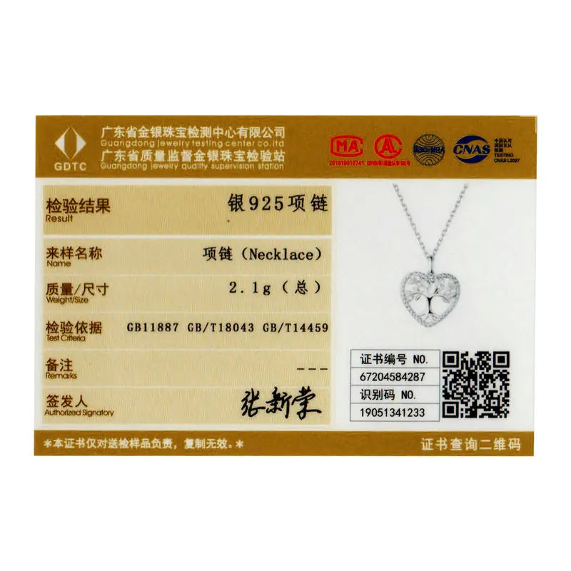 925 Sterling Silver Radiant Clear CZ Tree of Life Heart Pendant Necklace for Women Family Gifts Fine Jewelry BSN176