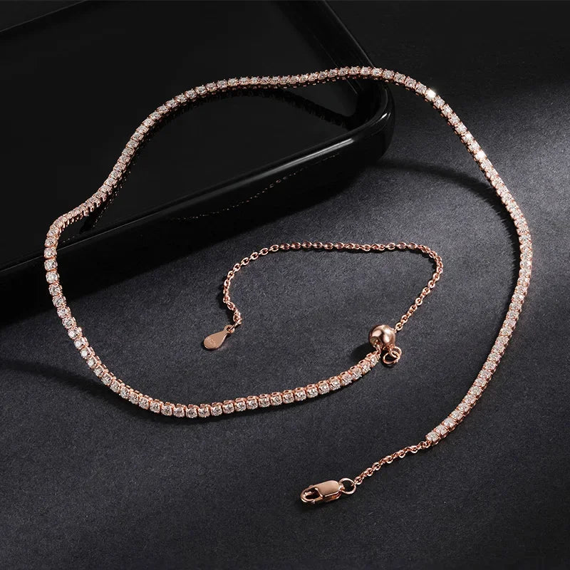 Adjustable Full 2mm 0.03CT D Color Moissanite Tennis Necklace for Women 925 Silver Plated 18K Gold Choker Neck Chain Gift