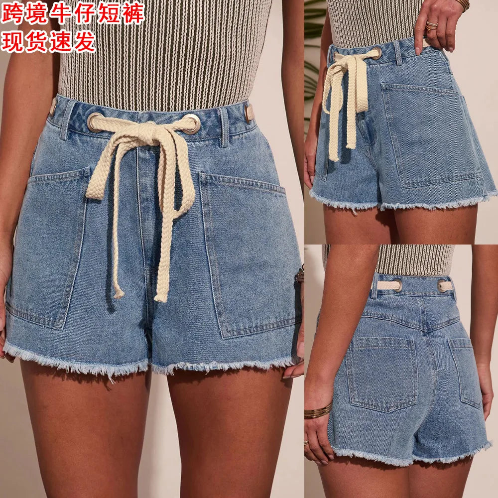 Women's High Waist Denim Shorts with Drawstring Front Pockets Frayed Hem Summer Casual Jeans Shorts
