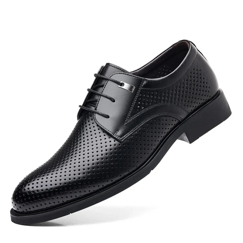 Mens Black Genuine Leather Perforated Metal Decor Lace Up Formal Business Office Breathable Summer Shoes Hollow Stylish Simple
