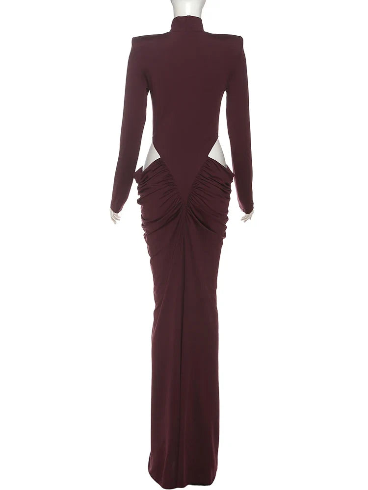 Hipster Waistless Ruched Elegant Dress Woman Autumn Style Turtleneck Full Sleeve Hollow Design Prom Party Long Bodycon
