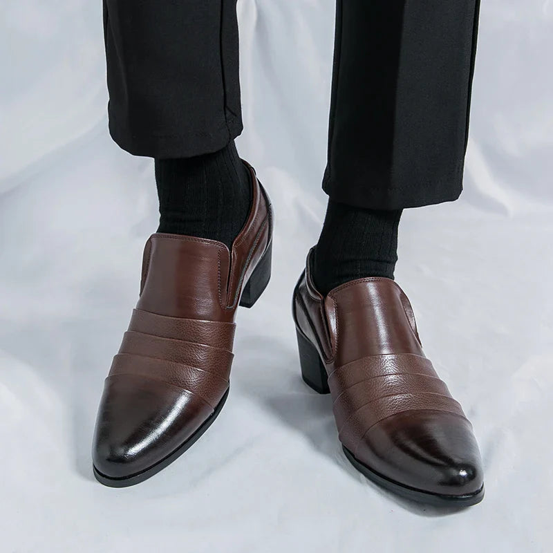 Leather Men's High Heel Dress Shoes British Style Elevator Business Oxford Footwear for Wedding Party Male Increasing Loafers