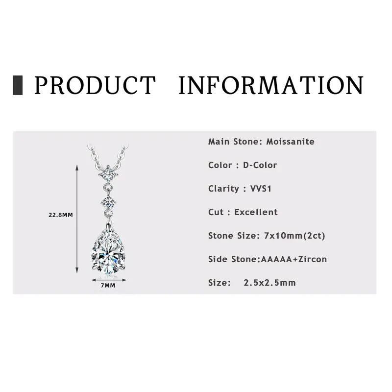 Exquisite 7x10mm Pear Cut Moissanite Pendant Necklace With Certificate for Women 925 Sterling Silver Chains Jewerly Gift