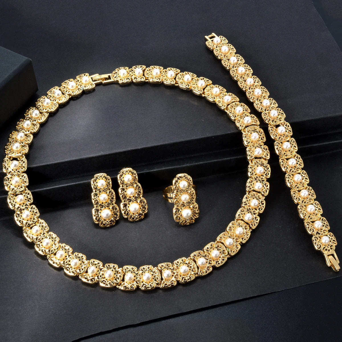 Dubai Luxury Quality Jewelry Set For Women Trend Pearl Necklace Bracelet Ring Earrings Jewelry Set 18k Gold Plated Jewelry