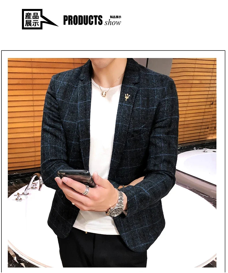 Men Checked Suit Jacket 2023 Spring New Linen Slim Suit Jacket Fashion One-button Business Casual Jacket Large M-5XL Suit Jacket