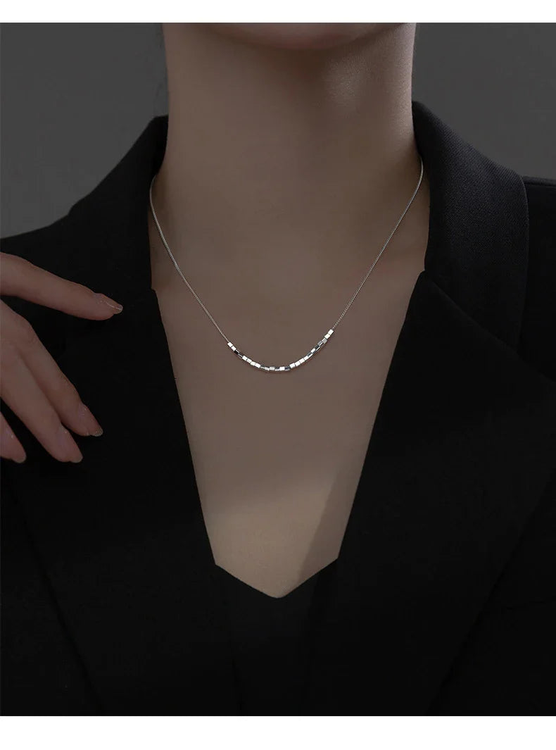 925 Sterling Silver Slide Block Sparkling Necklace Basic Chain Link Simple Fine Jewelry For Women Valentine's Day Gift